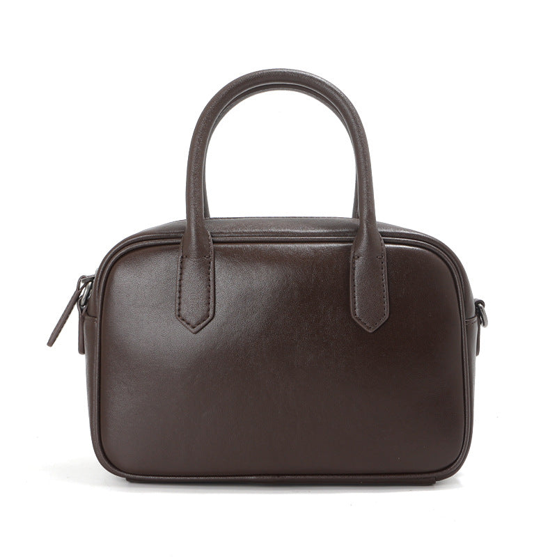 Women's Tanned Leather Cowhide Boston Bowling Retro Black Commuter Handbags