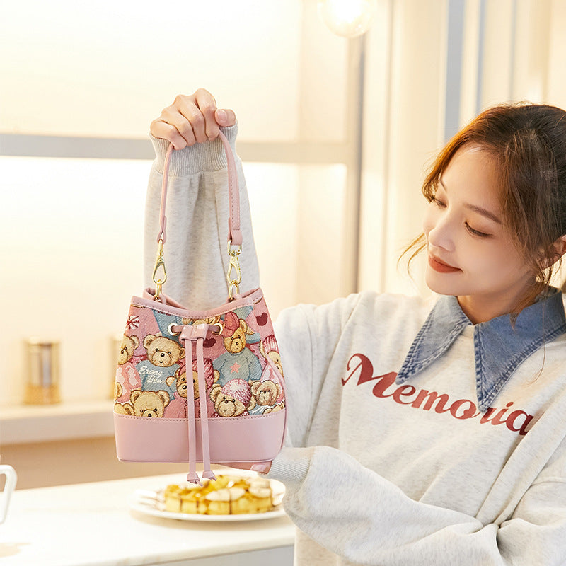 Women's Bear Attachment Jacquard Canvas Portable Fashion Shoulder Bags