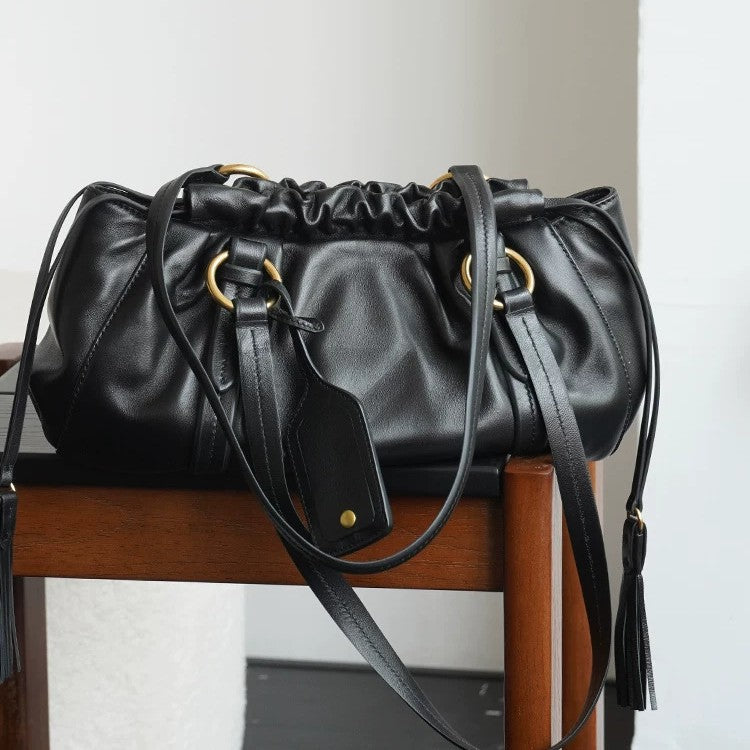 Women's Leather Pleated Drawstring Cloud Retro Bags