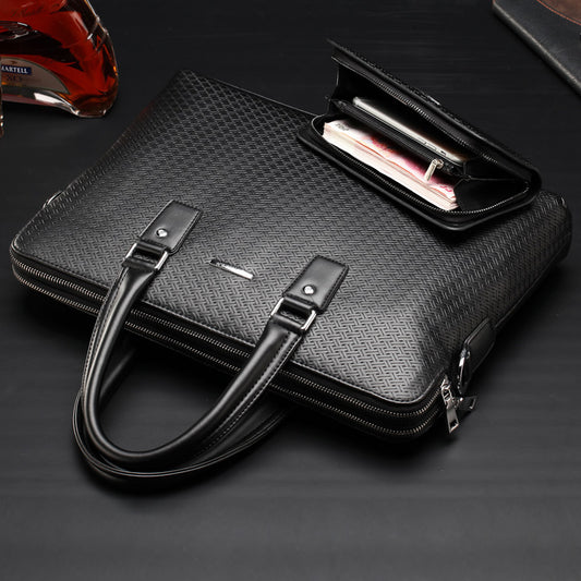 Men's Weaving Plaid Leather Large Capacity Computer Men's Handbags