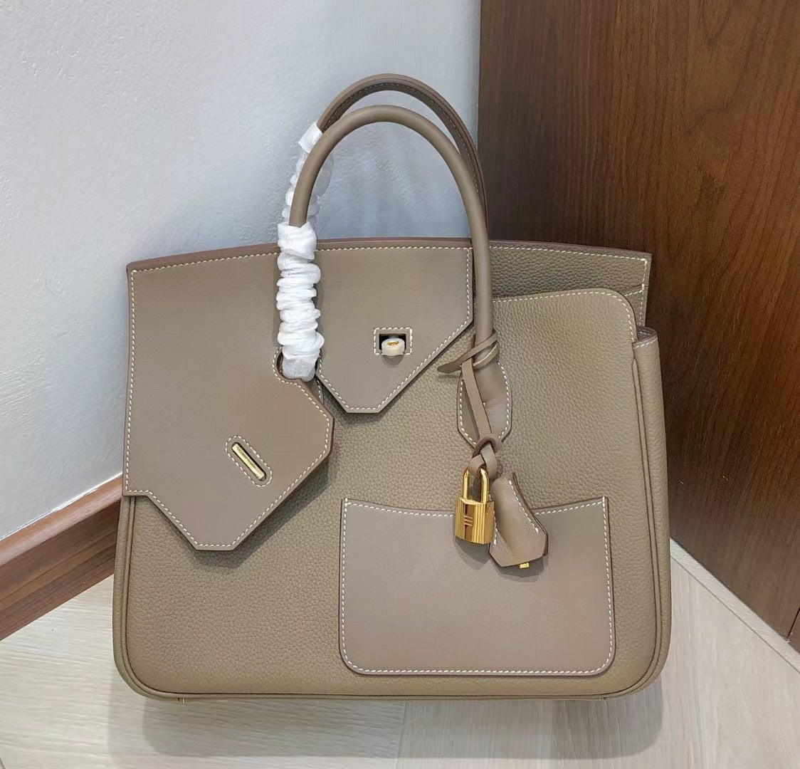 Women's Layer Cowhide Stitching Leather Large Capacity Handbags