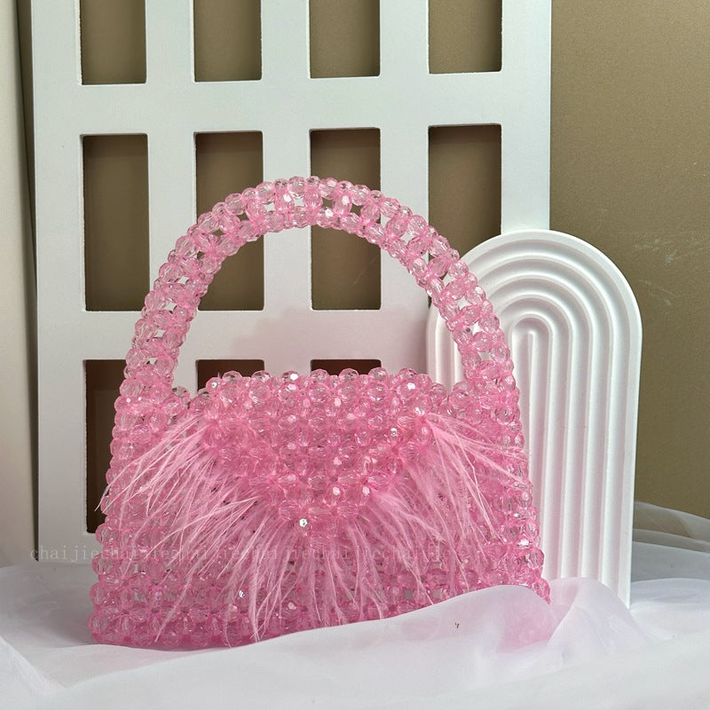 Women's Acrylic Beaded Feather Decoration Hand-woven Fashion Handbags