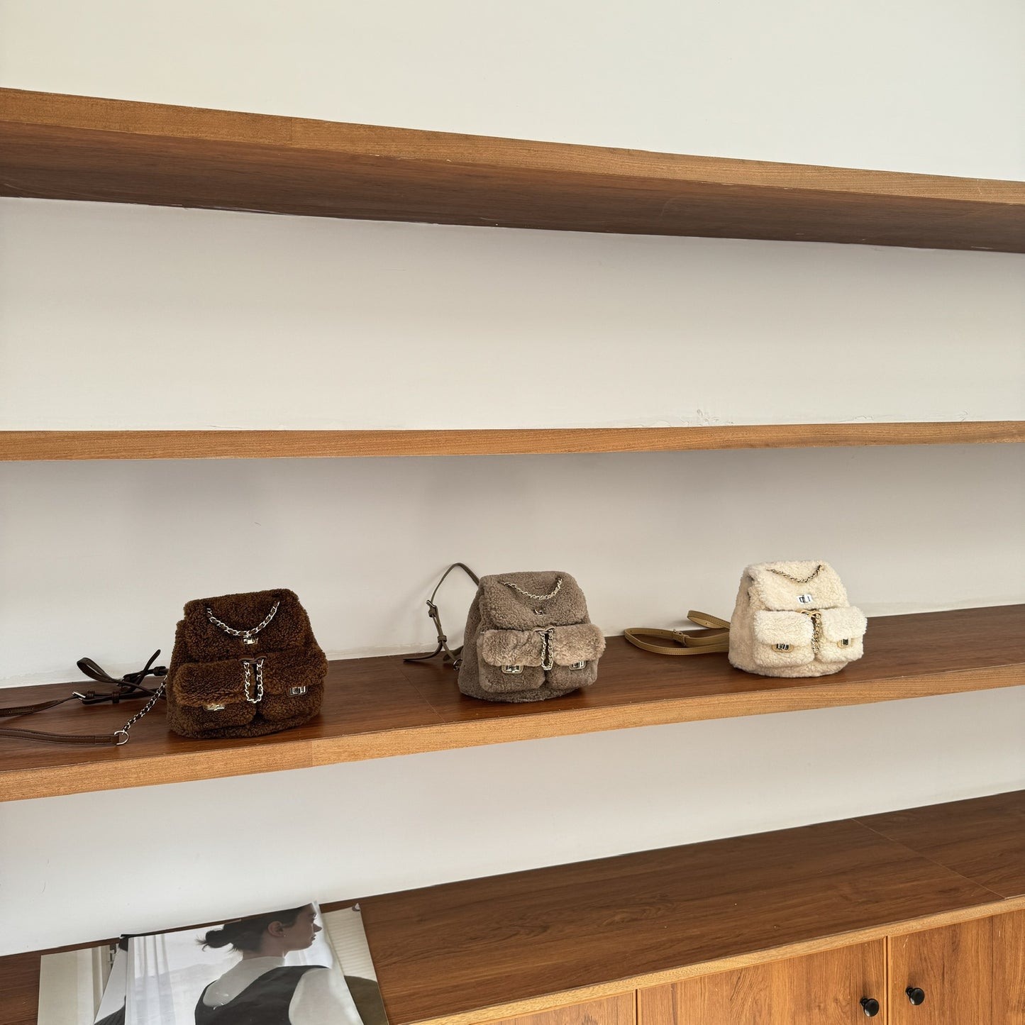 Women's Real Lamb Wool Classic Style Chain Backpacks