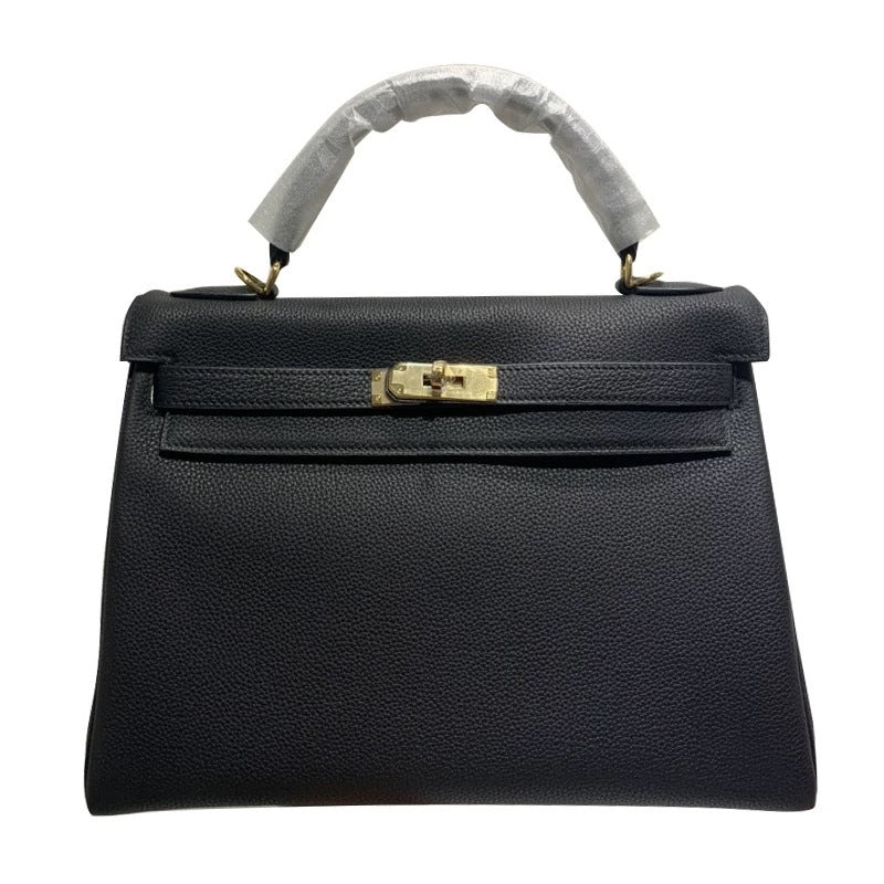 Women's First Layer Cowhide Lychee Pattern Kelly Shoulder Bags