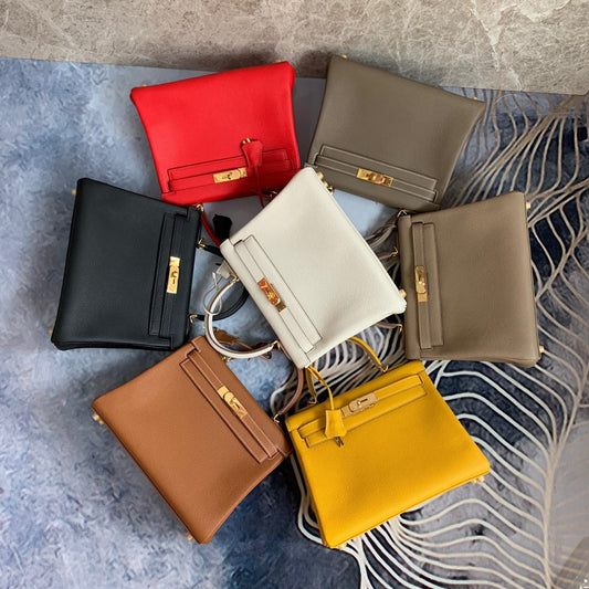 Women's Quality Kelly Lychee Pattern Calfskin Portable Handbags