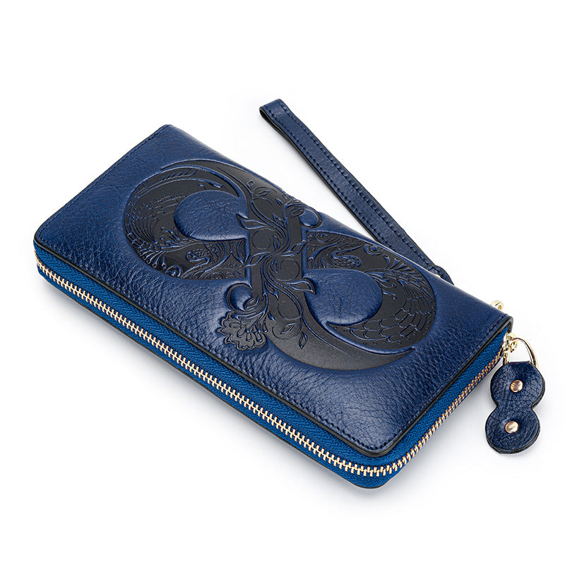 Women's Wax First Layer Cowhide Zipper Large Ladies Wallets