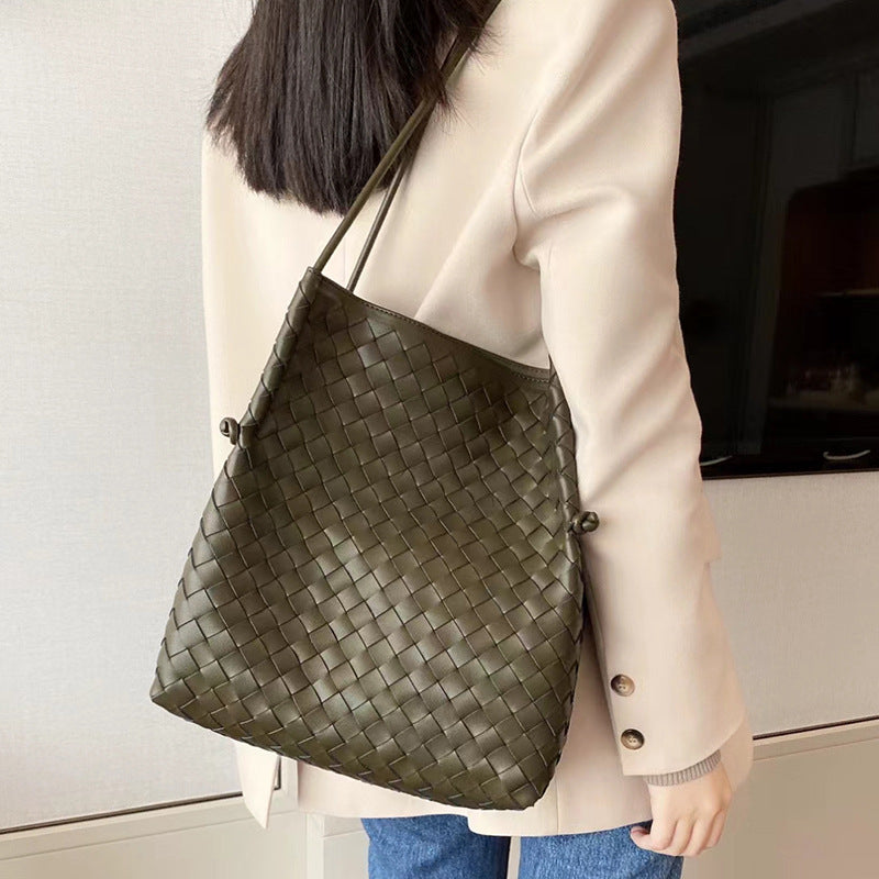 Woven Big Cowhide Leather Large Capacity Shoulder Bags