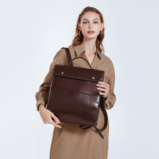Women's Leather Business Retro Fashionable Simple Large Backpacks