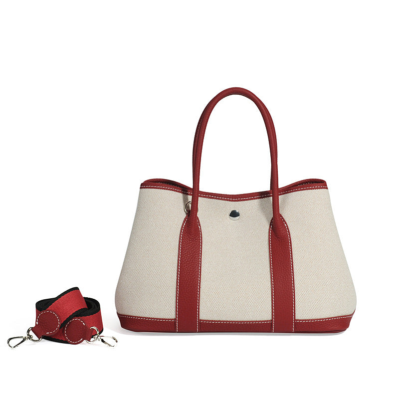 Large Capacity Canvas Stitching Contrast Color Genuine Cattlehide Leather Crossbody Bags