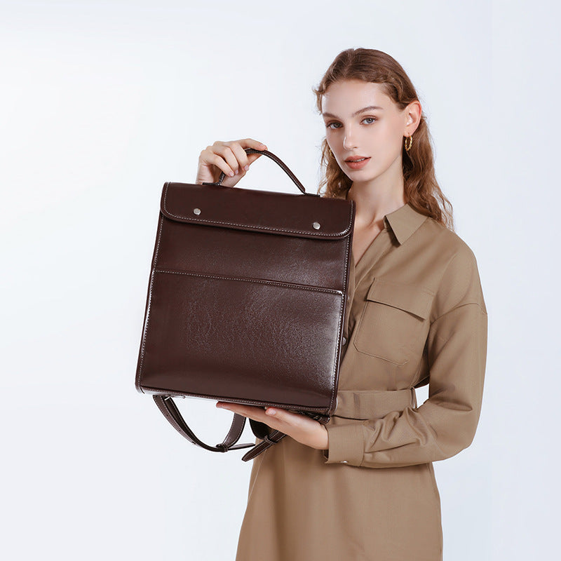 Women's Leather Business Retro Fashionable Simple Large Backpacks