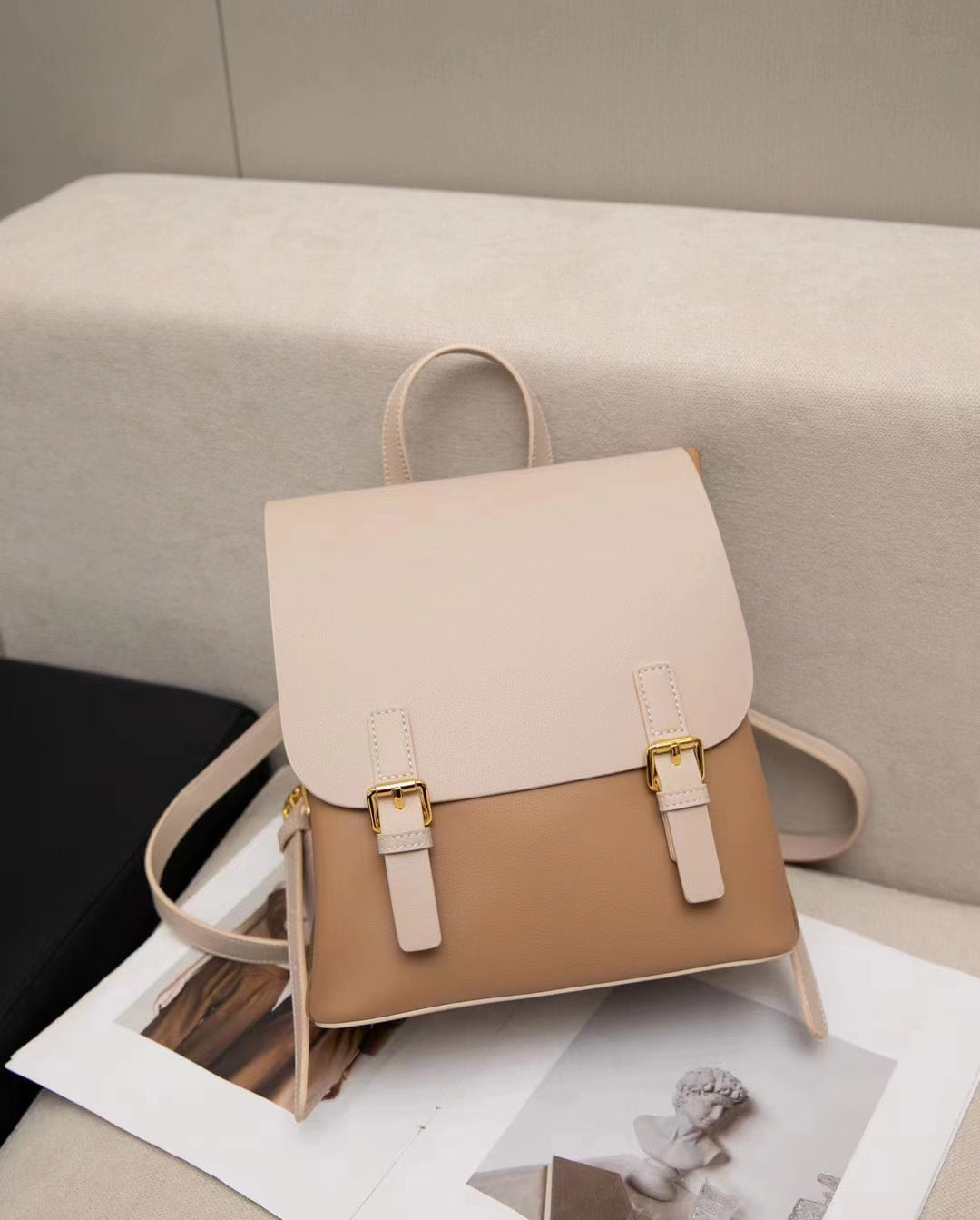 Women's Large Capacity Leather Contrast Color Backpacks