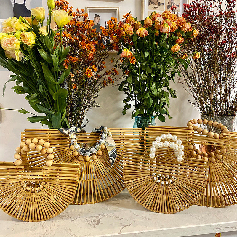 Women's Woven Mori Style Fashion Large Capacity Pearl Wooden Bags