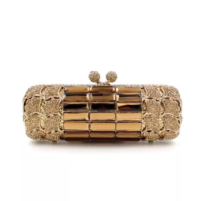 Metal Diamond Golden Apricot Brown Glass Diamonds Evening Bags