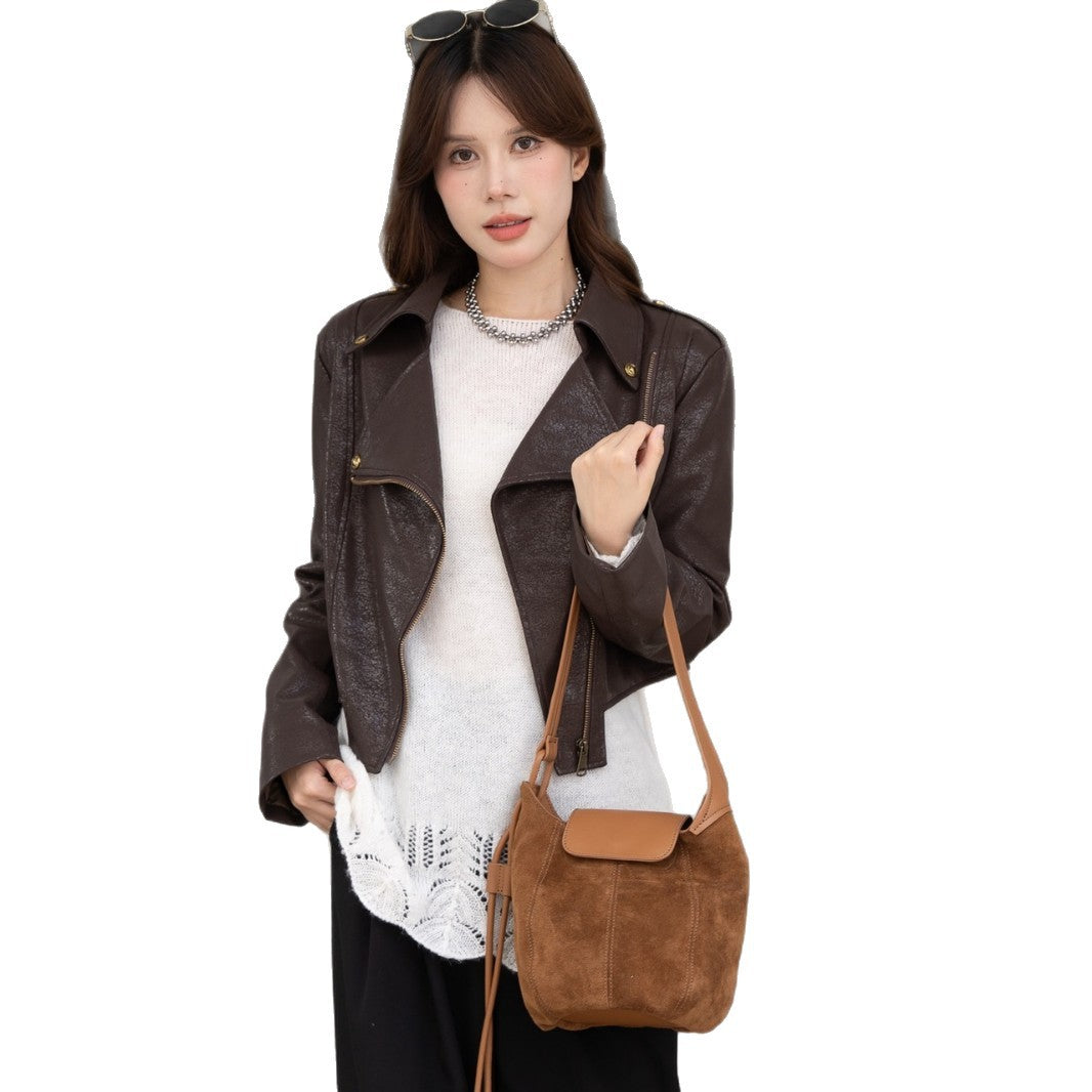 Women's Fashion Underarm Pumpkin Frosted Leather Textured Shoulder Bags