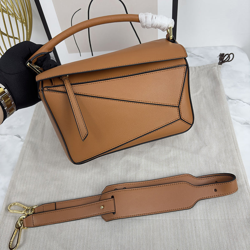 Women's Geometric Rhombus Soft Leather Stitching Genuine Portable Shoulder Bags