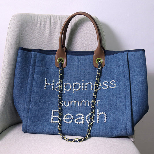 Women's Genuine Leather Portable Chain Pearl Beach Handbags