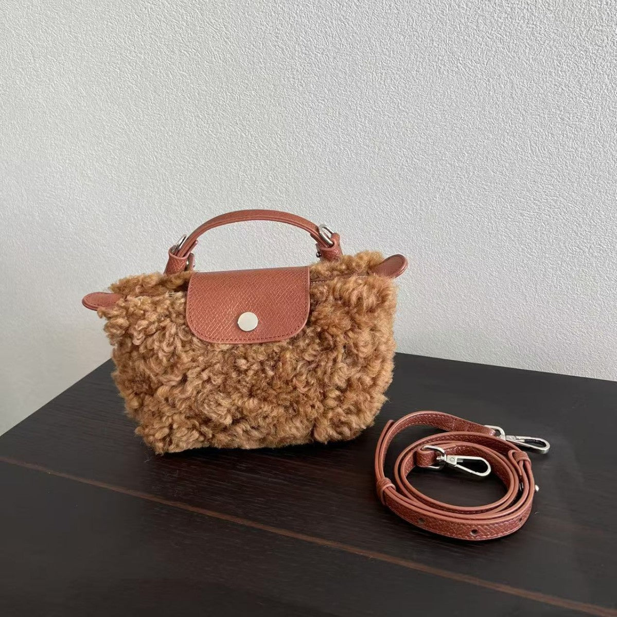 Women's Genuine Leather Lamb Wool Mini Portable Fur Bags