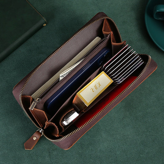 Men's Crazy Horse Leather Clutch Long Genuine Men's Handbags