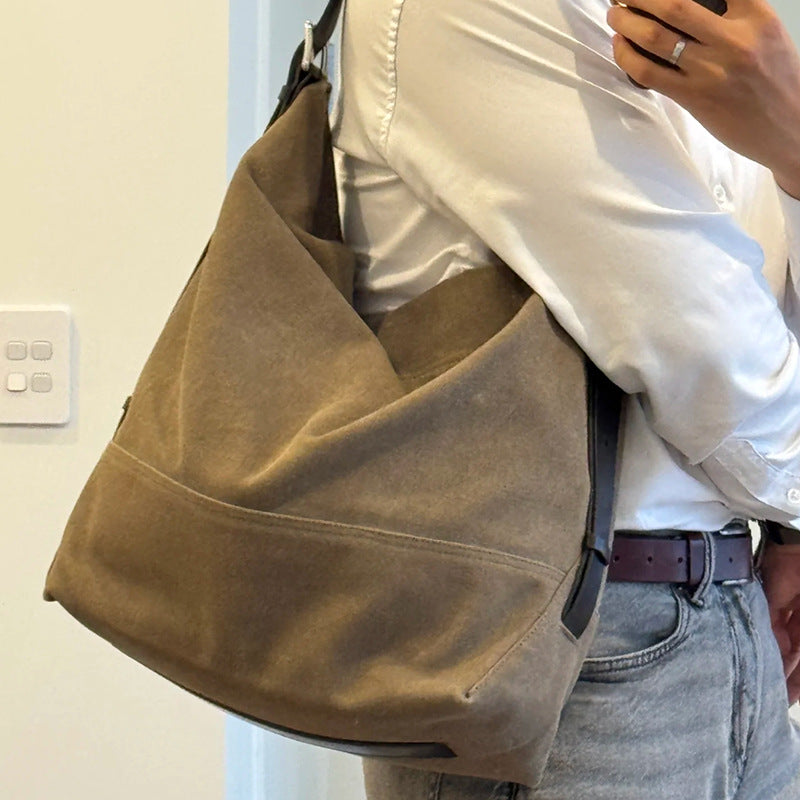 Women's Large Capacity Canvas Genuine Leather Two-tone Shoulder Bags