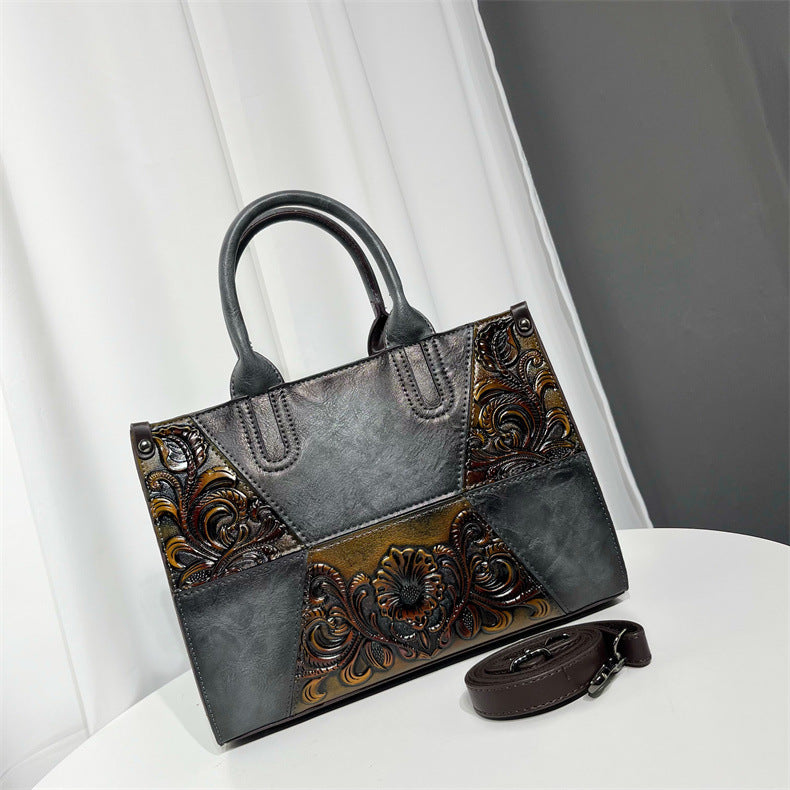 Women's Chinese Style Stitching Artistic Relief Painted Handbags