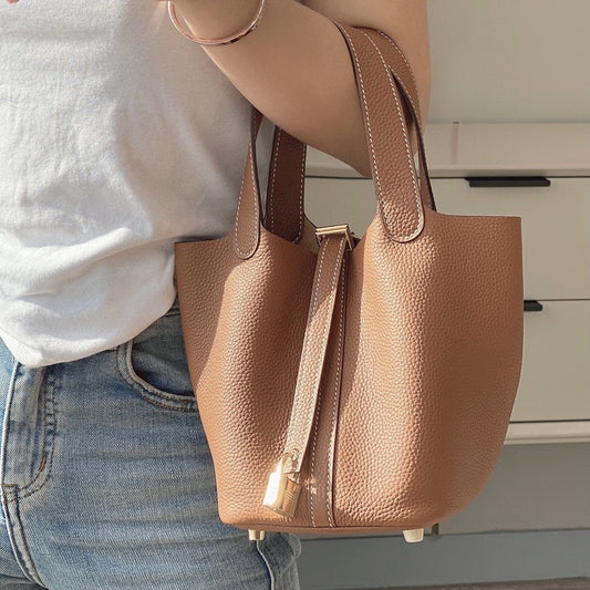 Women's Leather Vegetable Basket Lychee Pattern Cowhide Handbags