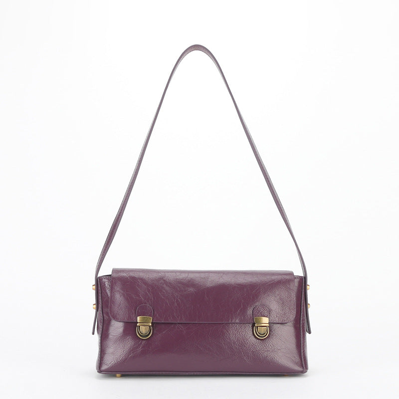 Women's Retro Underarm Baguette Layer Oil Wax Shoulder Bags