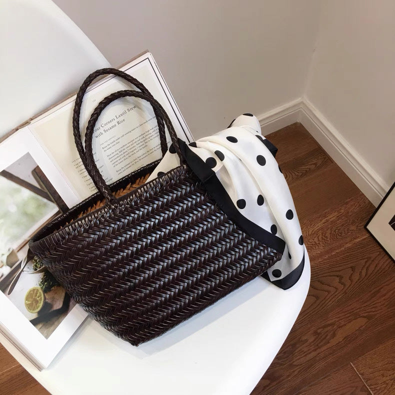 Women's French Style Vegetable Basket Cowhide Hand-woven Bags
