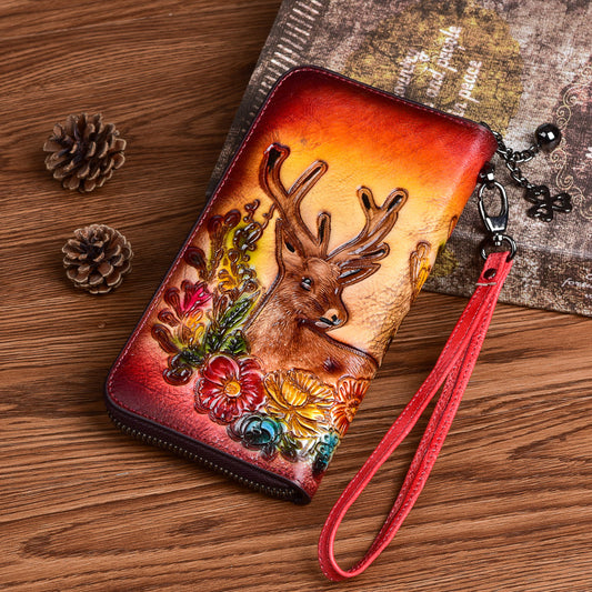 Women's First Layer Cowhide Deer Head Embossed Long Ladies Wallets