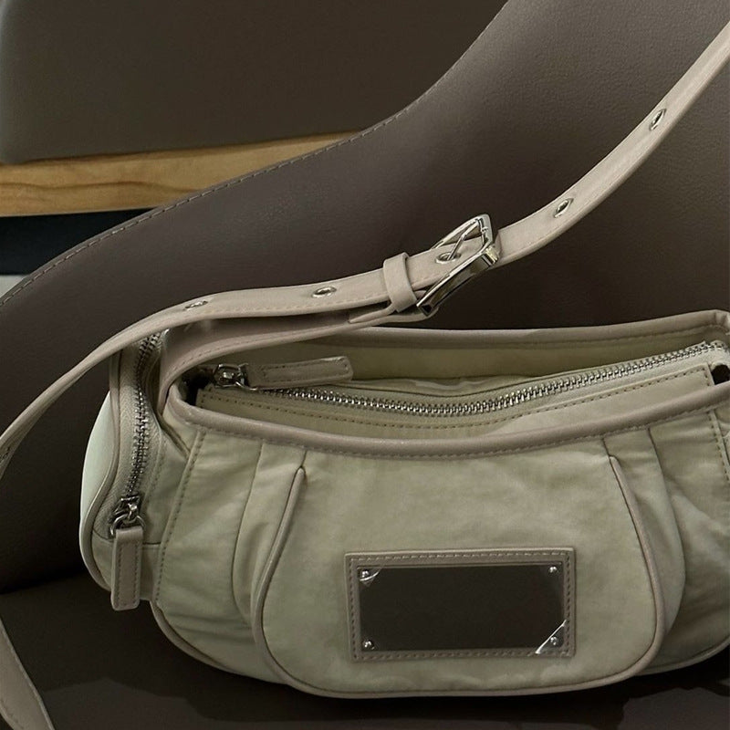Women's Niche Pleated Nylon Underarm Metal Semicircle Shoulder Bags