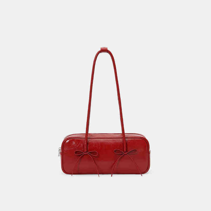 Women's Niche Bow Red Simple Baguette Large Shoulder Bags