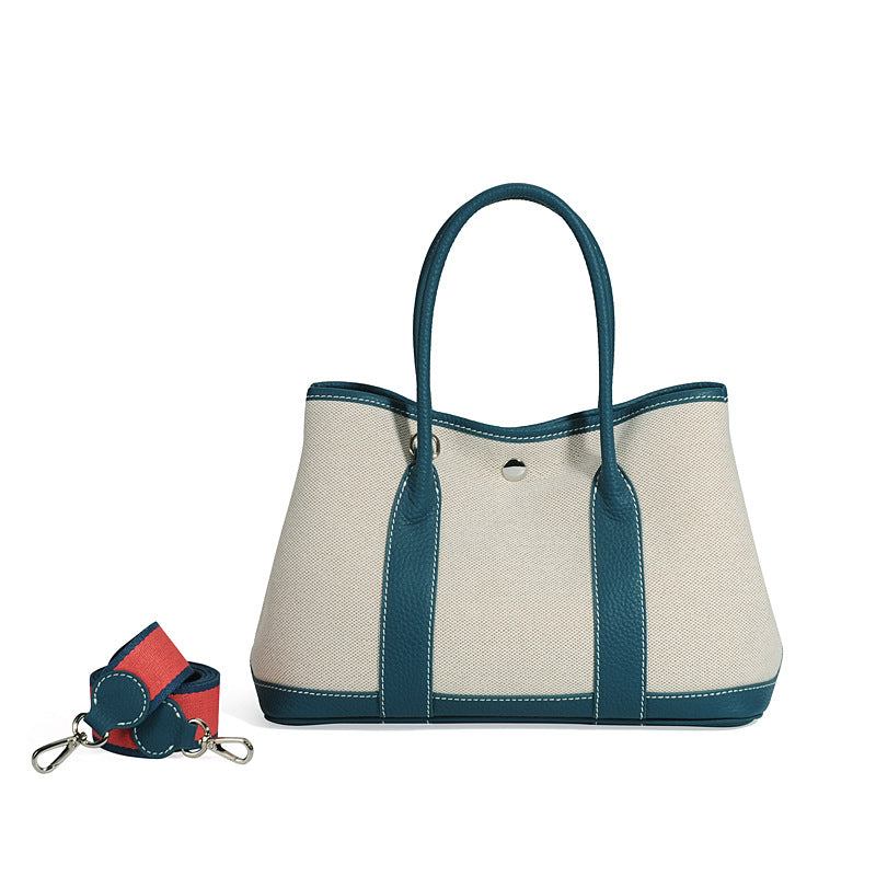 Large Capacity Canvas Stitching Contrast Color Genuine Cattlehide Leather Crossbody Bags