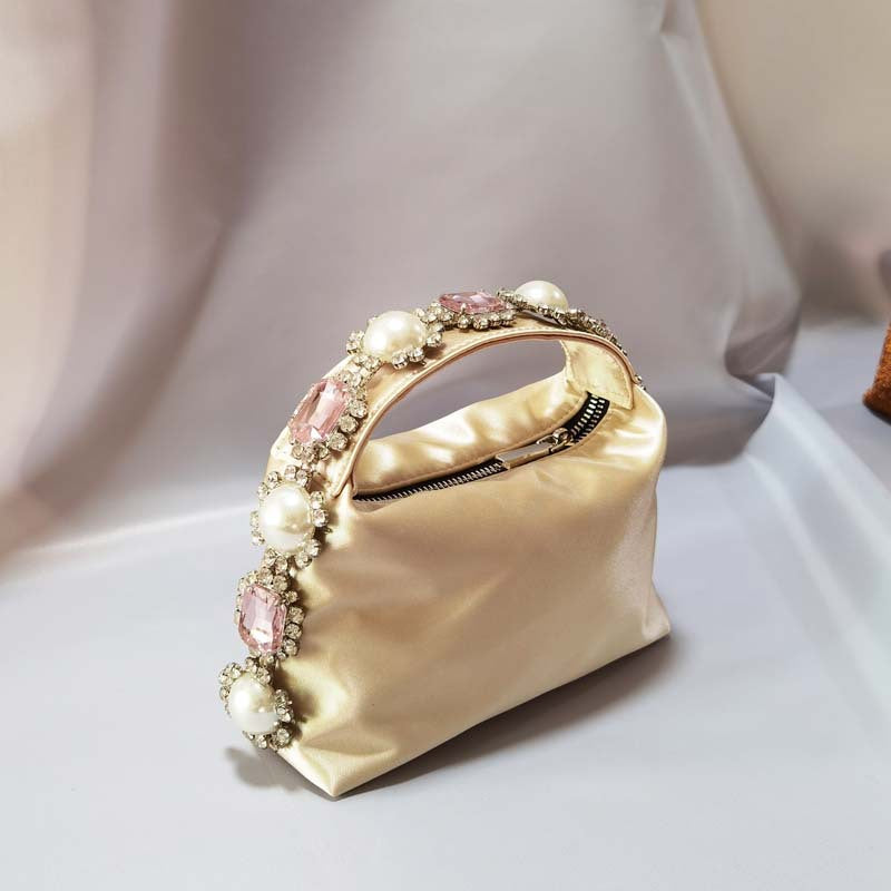 Women's Rhinestone Pearl Pillow Dinner Silk Lunch Handbags