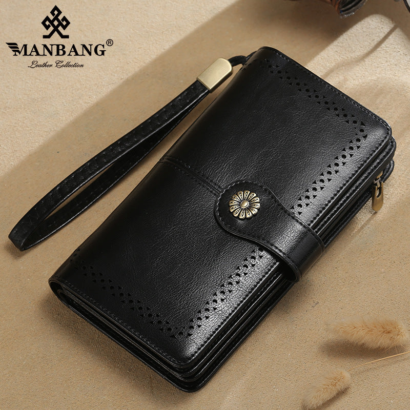 Women's Long Sunflower Retro Oil Wax Skin Large Capacity Wrist Ladies Wallets