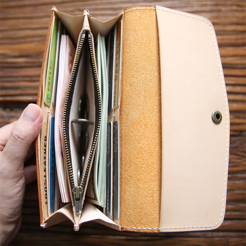 Women's & Men's Handmade Retro Long Leather First Layer Cowhide Clutch Men's Wallets