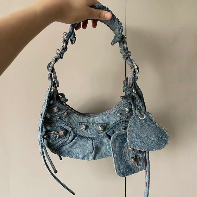 Women's Denim Motorcycle High-grade Three-in-one Diamond Rivets Armpit Bags