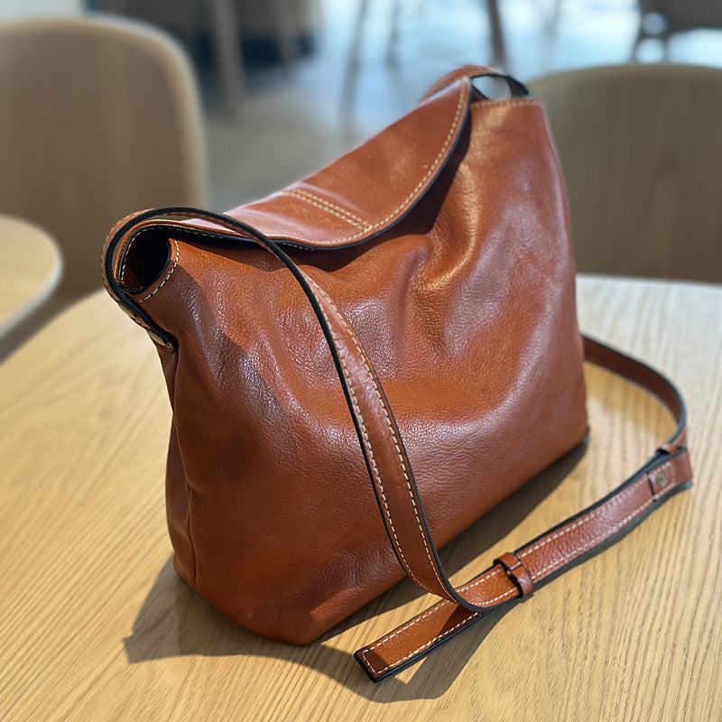 Women's Summer Cowhide Simple Leather Retro Large Crossbody Bags