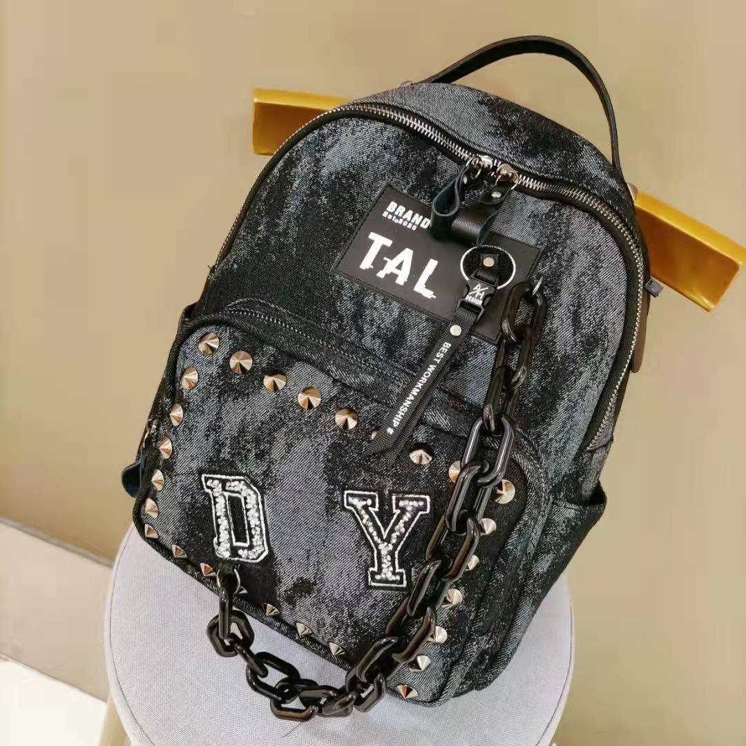 Women's Mesh With Leather Personality Rivets Rhinestone Thick Straps Backpacks