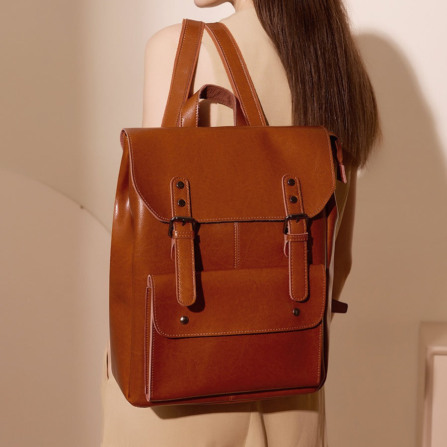 Women's Large Capacity British Style Retro Neutral Genuine Leather Backpacks
