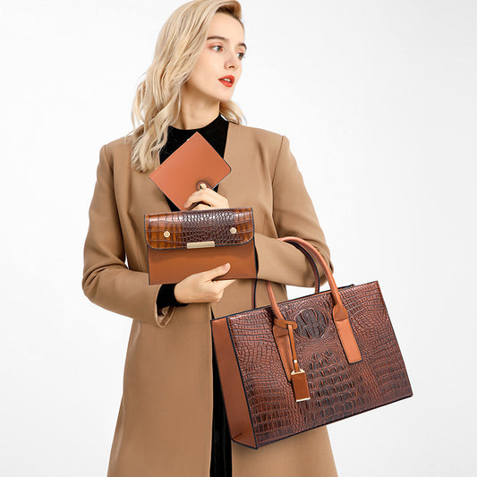 Women's Crocodile Pattern Portable Fashion Large Capacity Three-piece Handbags