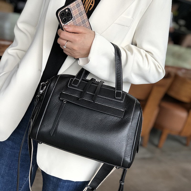 Women's Classic Elegant Boston Litchi Pattern Genuine Shoulder Bags