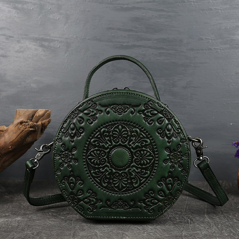 Women's Genuine Leather Retro Round Totem Hand Shoulder Bags