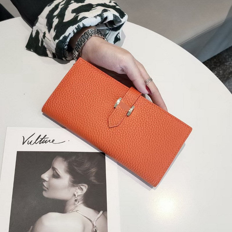 Women's Simple Cowhide Clutch Litchi Pattern Fashion Long Ladies Wallets