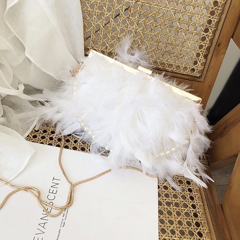 Women's Style Turkey Feather Ostrich Clipped Button Pearl Crossbody Bags