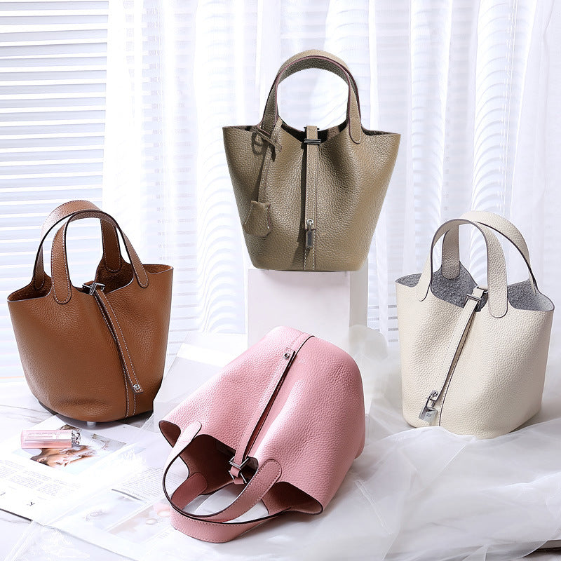 Women's Quality First Layer Cowhide Niche Basket Leather Large Bags