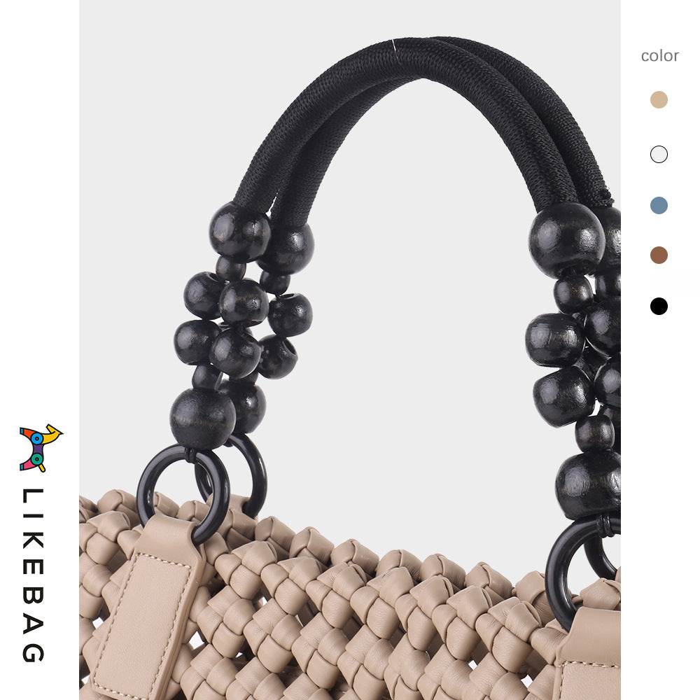 Women's Vegetable Basket Woven Portable Advanced Hollow Wooden Bead Handbags