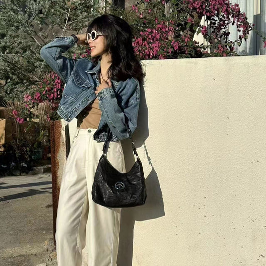 Black Stone Pleated Portable Underarm Authentic Shoulder Bags