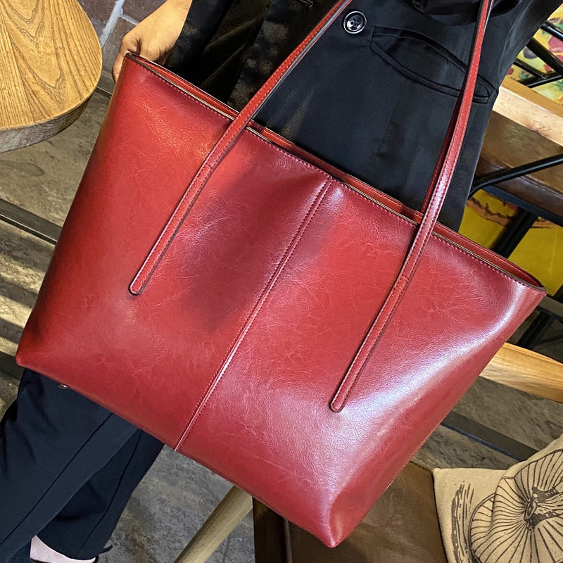 Women's Genuine Leather Simple Big Oil Wax Shoulder Bags