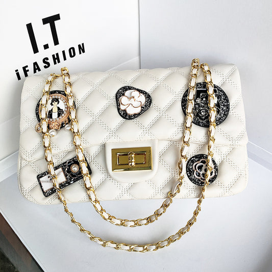 Women's Leather Individual Badge Sheepskin Classic Style Shoulder Bags