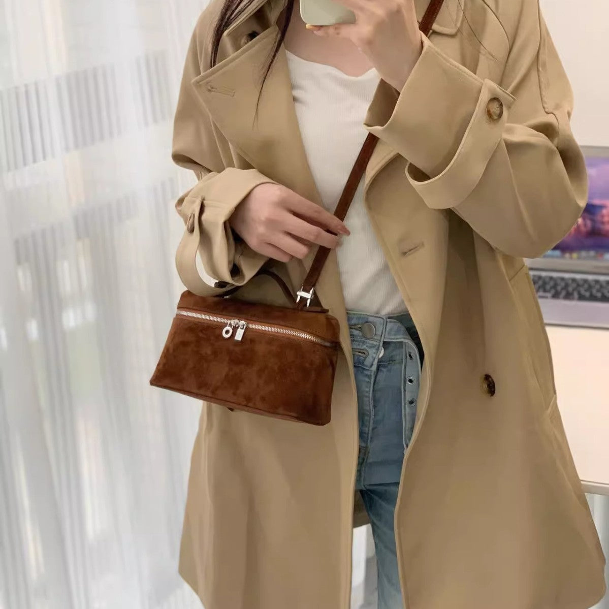 Women's Suede Lunch Box Genuine Leather Portable Bags