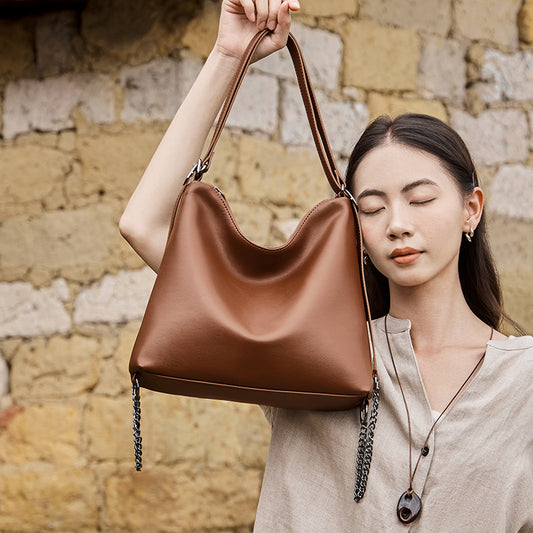 Women's Large Capacity Niche Commuter Soft Genuine Shoulder Bags